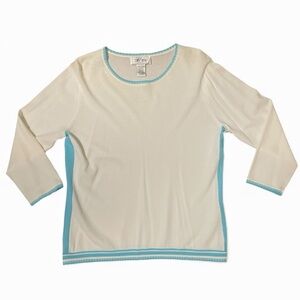 Bob Mackie Studio Sweater Women Petite Medium White Blue Scalloped Trim Vintage